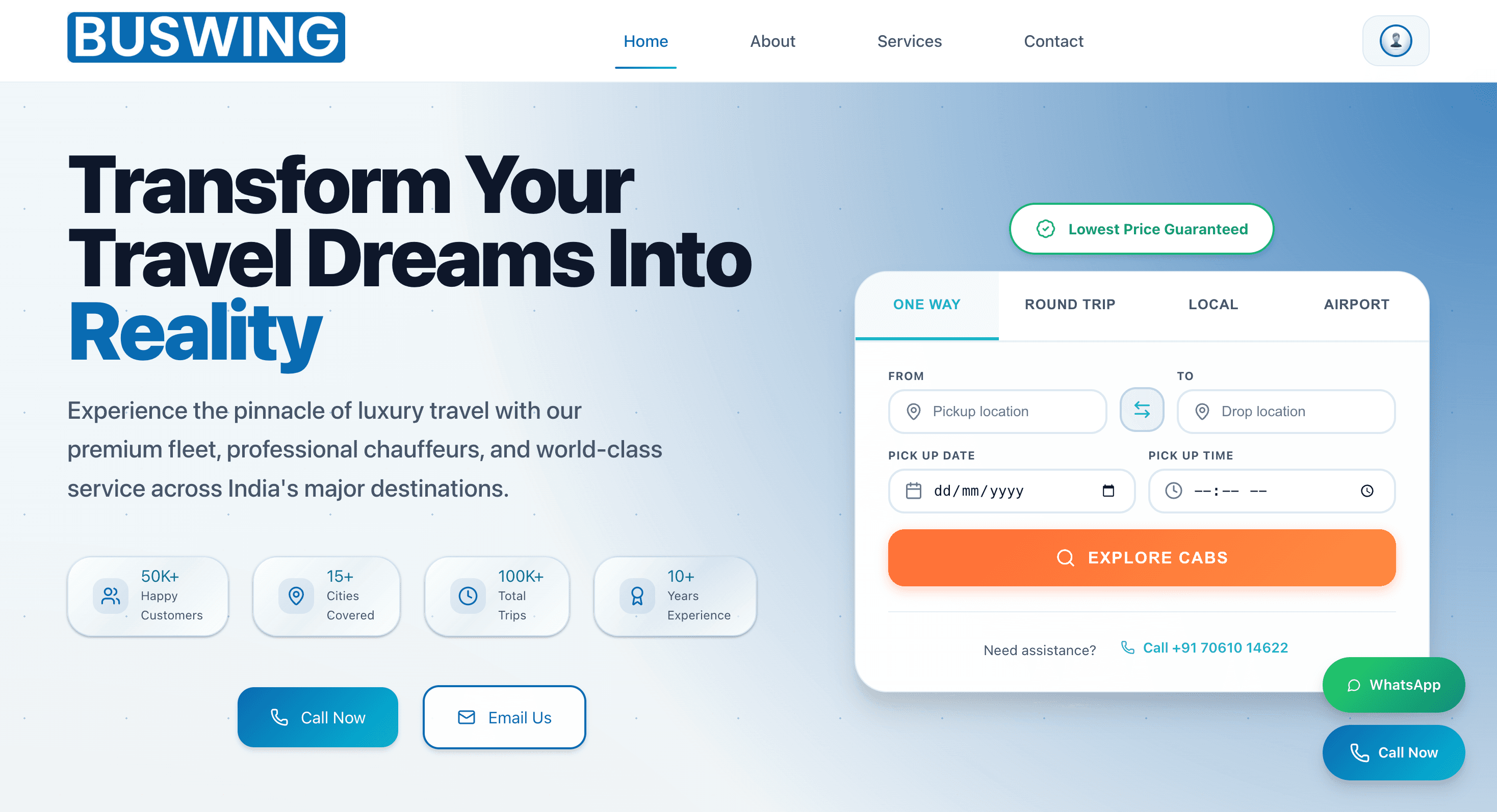 Buswing vehicle booking platform interface with fleet availability and pricing