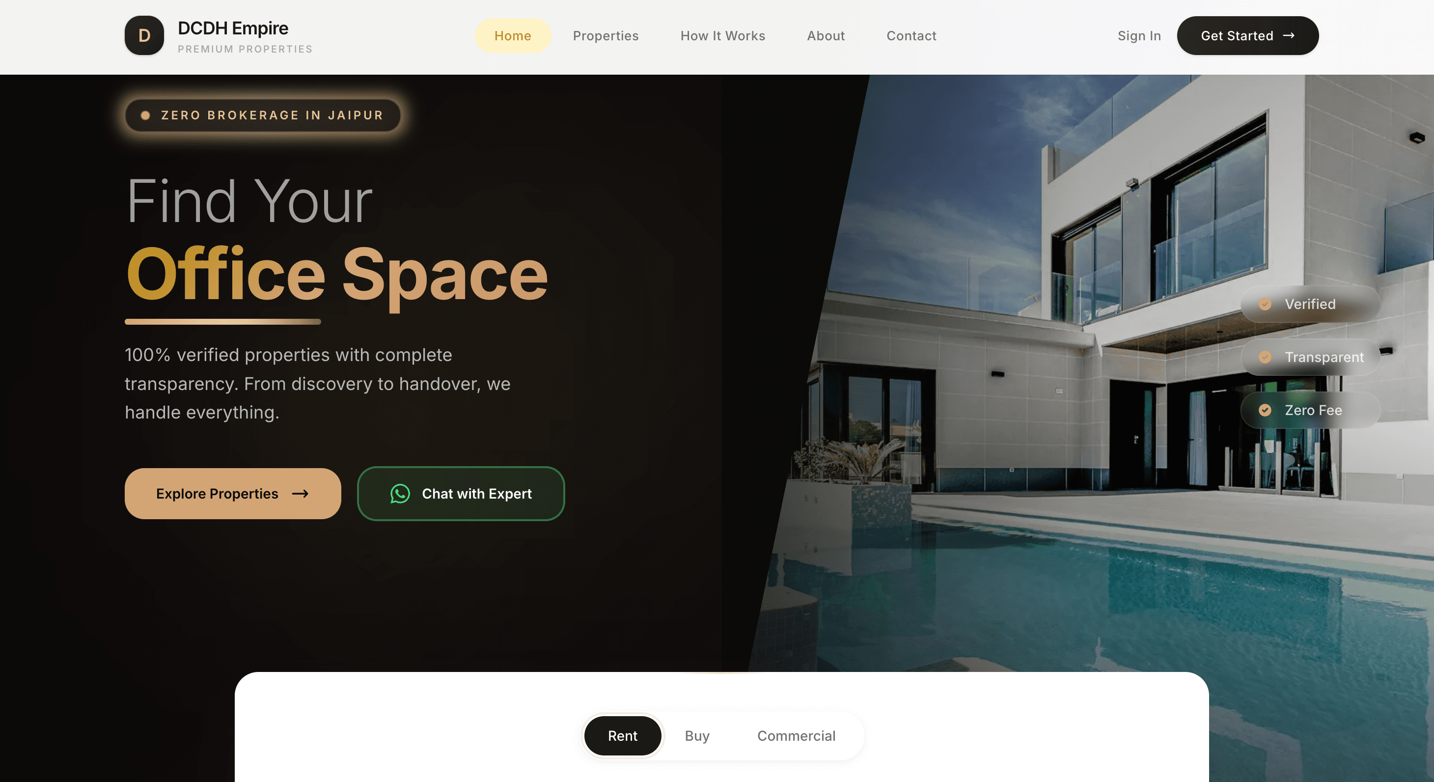 DCDH Empire real estate platform showing property listings in Pune