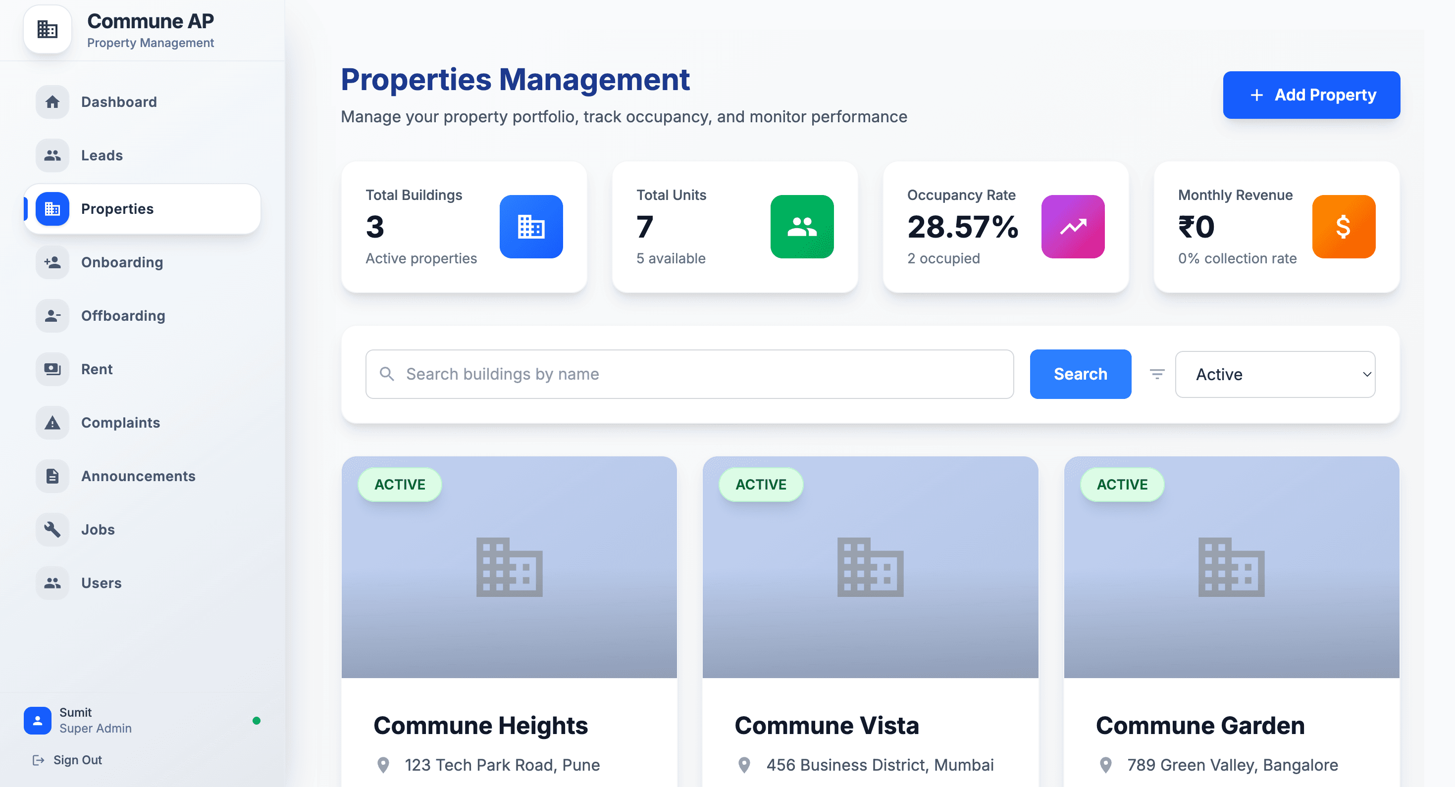 ProFlow property management dashboard with tenant and portfolio overview